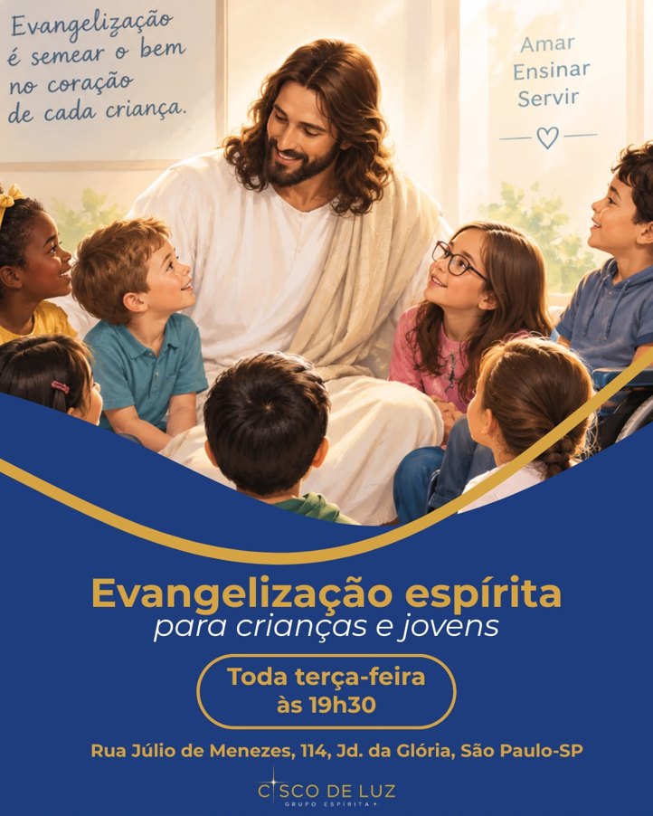 Cartaz Evangelização espírita para crianças e jovens, toda terça-feira às 19h30